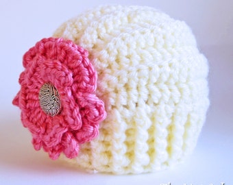 Crochet Hat PATTERN - Très Chic - crochet pattern for beanie hat + flower pattern, girls hat pattern (5 sizes | Baby - Adult) - PDF Download