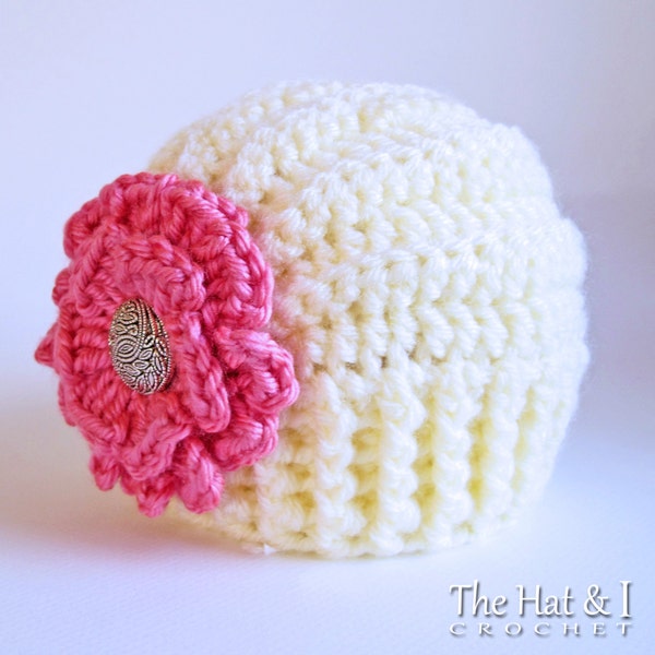 Crochet Hat PATTERN - Très Chic - crochet pattern for beanie hat + flower pattern, girls hat pattern (5 sizes | Baby - Adult) - PDF Download