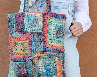 Crochet PATTERN - Square Scramble Sack - crochet tote bag pattern, boho granny square tote sack pattern, colorful crochet bag - PDF Download