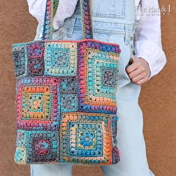 CROCHET PATTERN - Square Scramble Sack - crochet tote bag pattern, boho granny square tote sack pattern, colorful crochet bag - PDF Download