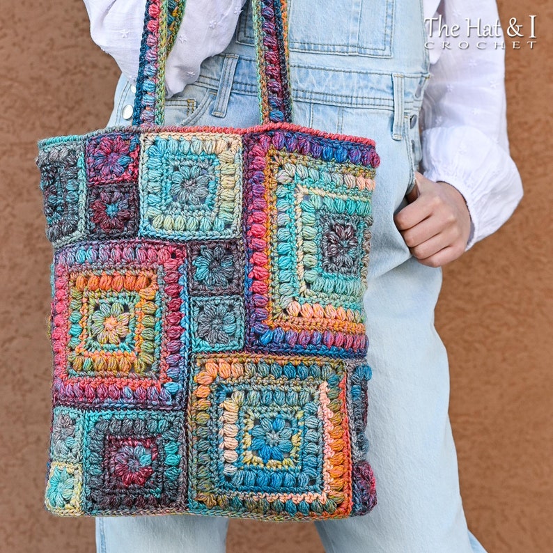 Crochet PATTERN Square Scramble Sack crochet tote bag pattern, boho granny square tote sack pattern, colorful crochet bag PDF Download image 1