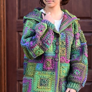 Crochet PATTERN Square Scramble Sweater crochet pattern for granny square cardigan sweater with hood sizes XS 3XL PDF Download image 4