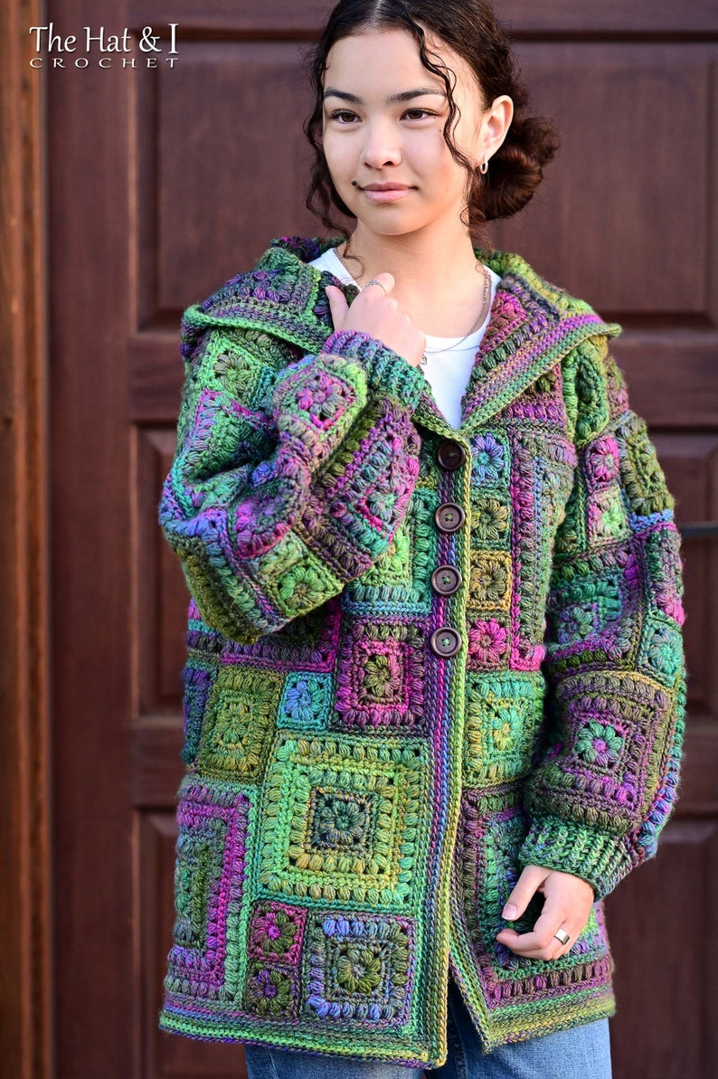 Crochet PATTERN Square Scramble Sweater crochet pattern for granny square cardigan sweater with hood sizes XS 3XL PDF Download image 4