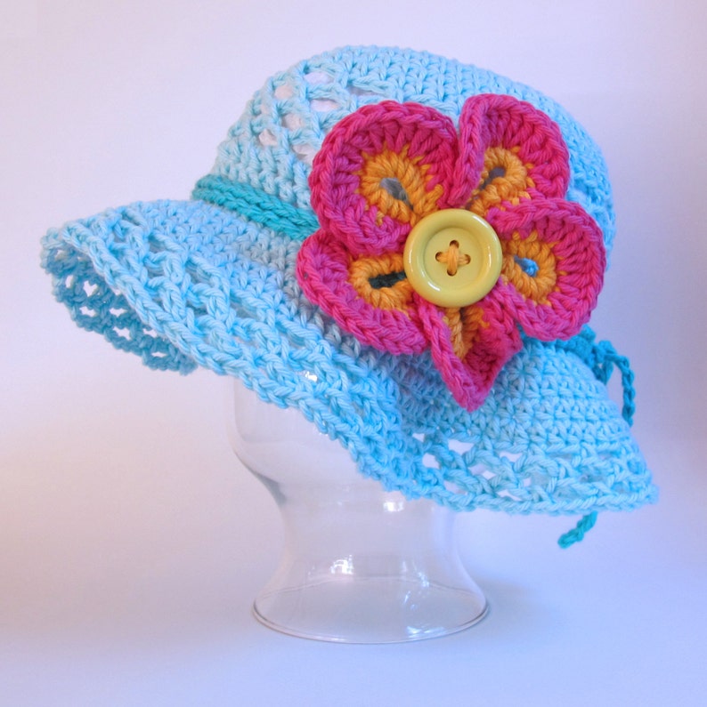 Crochet Hat PATTERN Island Girl crochet pattern for summer hat flower, beach sun hat pattern 5 sizes Babies Kids PDF Download image 1