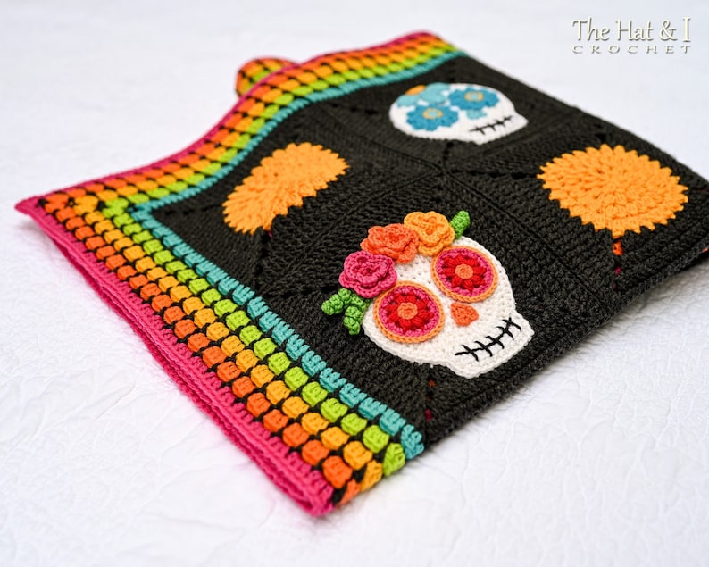 Crochet PATTERN Sugar Skull Sampler crochet blanket pattern, day of the dead throw blanket pattern, colorful skull afghan PDF Download image 1