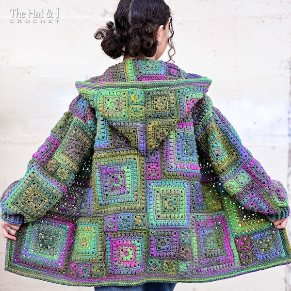 CROCHET PATTERN - Square Scramble Sweater - crochet pattern for granny square cardigan sweater with hood  (sizes | xs - 3xl) - PDF Download