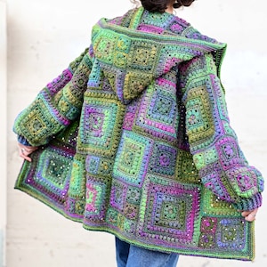 Crochet PATTERN Square Scramble Sweater crochet pattern for granny square cardigan sweater with hood sizes XS 3XL PDF Download image 9