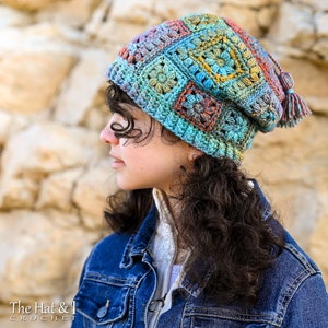 Pattern for a crochet hat. A Boho Style hat with different sized squares joined together to make a slouchy hat with tassels. Pattern includes 3 sizes from children to adults.