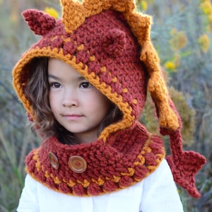 Crochet PATTERN Lucky Dragon Hood & Cowl crochet hood pattern, hooded cowl hat pattern 3 sizes Toddler Child Adult PDF Download image 3