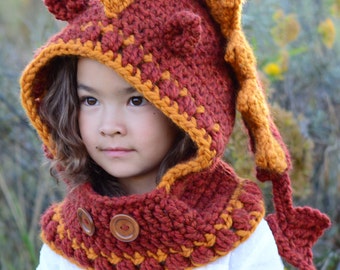 Crochet PATTERN - Lucky Dragon Hood & Cowl - crochet hood pattern, hooded cowl hat pattern (3 sizes | Toddler Child Adult) - PDF Download