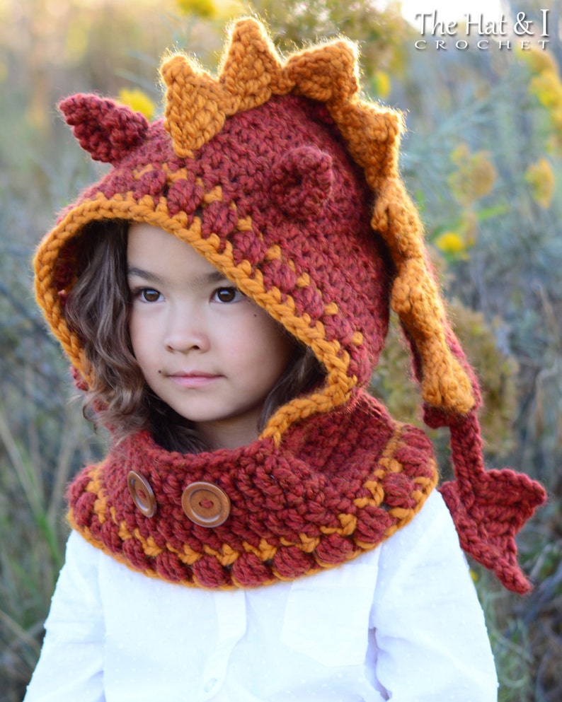 Crochet PATTERN Lucky Dragon Hood & Cowl crochet hood pattern, hooded cowl hat pattern 3 sizes Toddler Child Adult PDF Download image 3