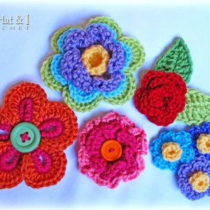 Crochet PATTERN Floral Fantasy 5 crochet flower patterns 2 leaf patterns 7 pretty patterns for colorful appliques PDF Download image 4