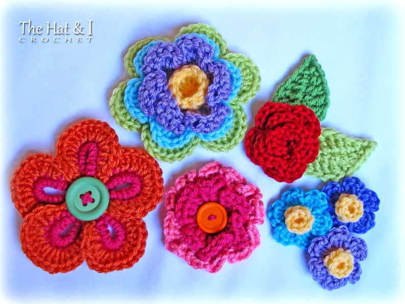 Crochet PATTERN Floral Fantasy 5 crochet flower patterns 2 leaf patterns 7 pretty patterns for colorful appliques PDF Download image 4