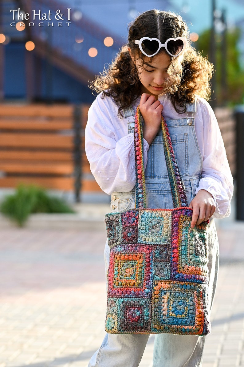 Crochet PATTERN Square Scramble Sack crochet tote bag pattern, boho granny square tote sack pattern, colorful crochet bag PDF Download image 5