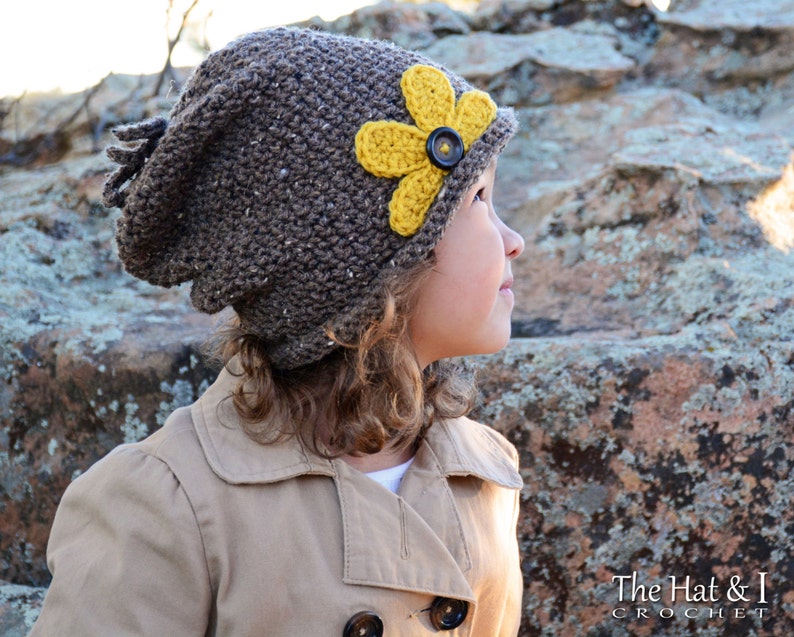 Crochet Hat PATTERN Pretty Petals Slouchy crochet pattern for slouchy beanie hat flower 3 sizes Toddler Child Adult PDF Download image 3