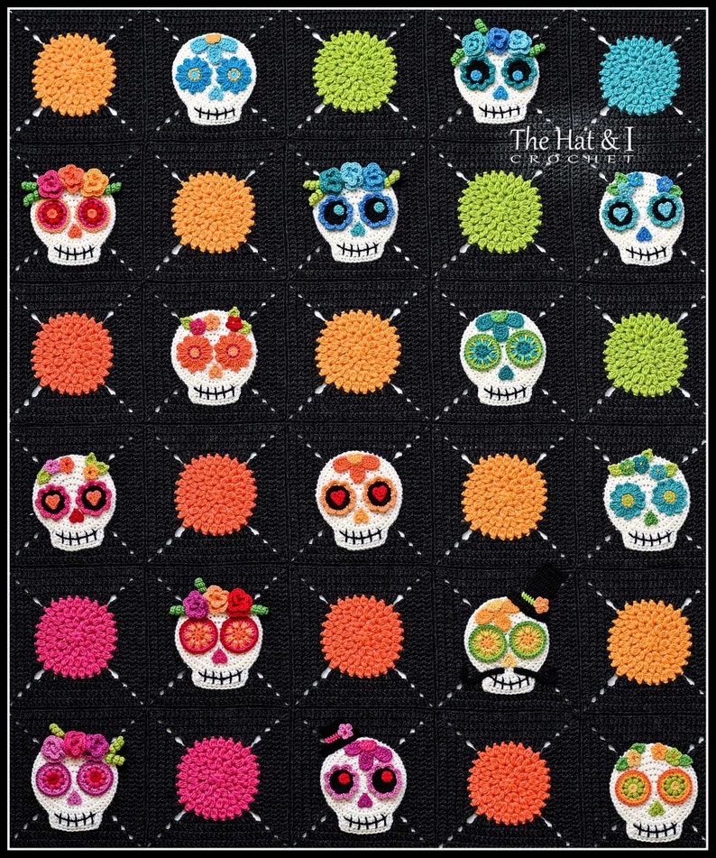 Crochet PATTERN Sugar Skull Sampler crochet blanket pattern, day of the dead throw blanket pattern, colorful skull afghan PDF Download image 5