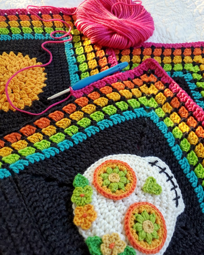 Crochet PATTERN Sugar Skull Sampler crochet blanket pattern, day of the dead throw blanket pattern, colorful skull afghan PDF Download image 7