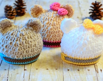 Crochet Hat PATTERN - Modern Bear Beanie - crochet pattern for beanie hat, boy girl bear hat pattern (5 sizes | Baby - Adult) - PDF Download