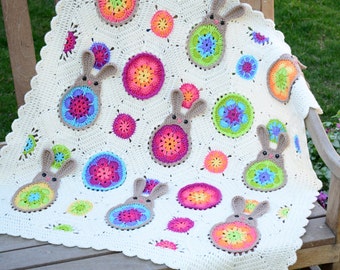 CROCHET Blanket PATTERN - Bunnies "R" Us - crochet pattern for colorful bunny blanket, baby blanket, crochet afghan pattern - PDF Download