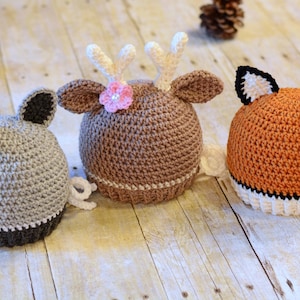 Crochet Hat PATTERN Forest Friends crochet pattern for raccoon deer fox beanie hat, boy girl hat 5 sizes Baby Adult PDF Download image 4