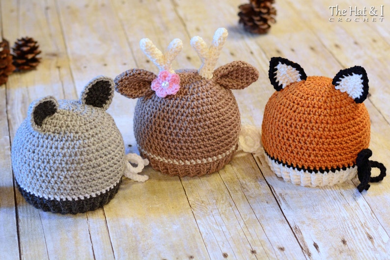 Crochet Hat PATTERN Forest Friends crochet pattern for raccoon deer fox beanie hat, boy girl hat 5 sizes Baby Adult PDF Download image 4