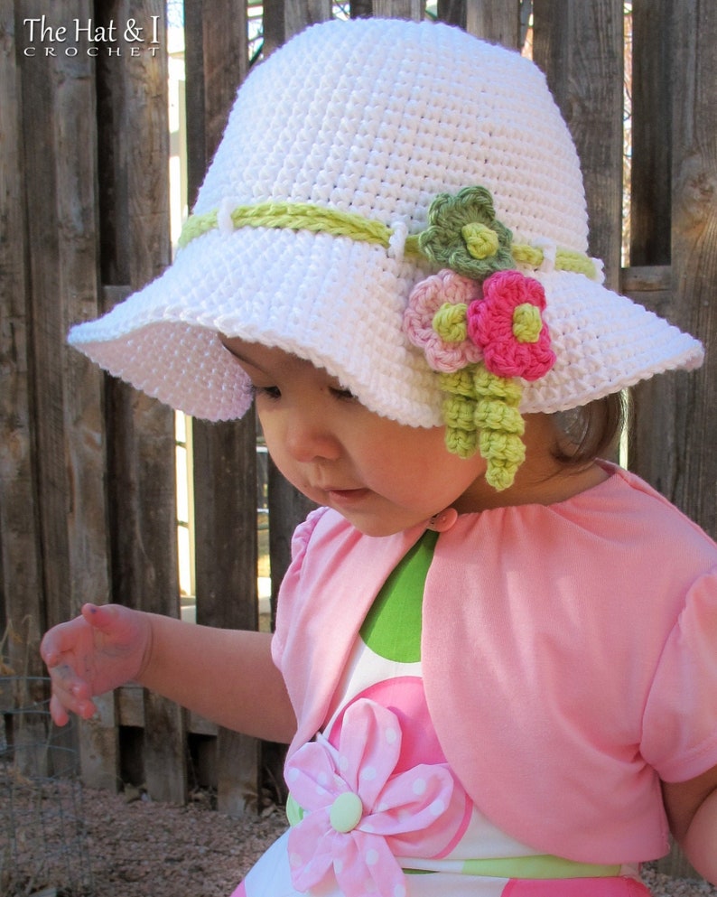 Crochet Hat PATTERN Spring Garden crochet pattern for sun hat, girls spring summer hat pattern 6 sizes Baby Adult S PDF Download image 1