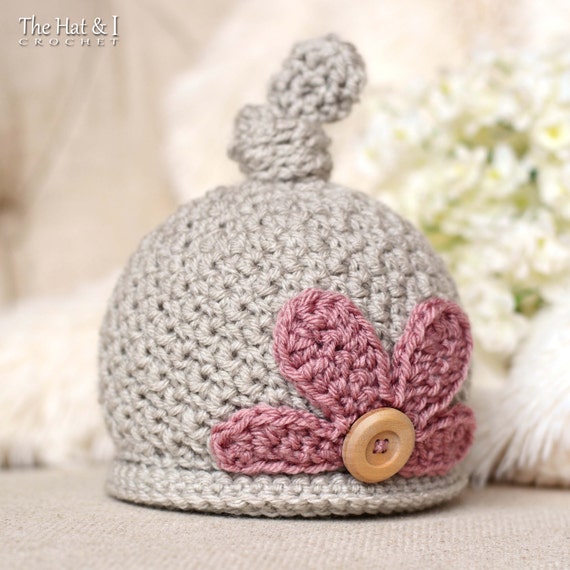 Bonnet De Bébé Au Crochet Avec Fleurs - Taille 0-3 Mois, Vert Et Rose - Fait Main Aux USA