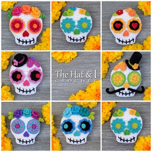Crochet PATTERN Sugar Skull Soirée Day of the Dead skull pattern, colorful crochet skull ornament, skull applique pattern PDF Download image 4