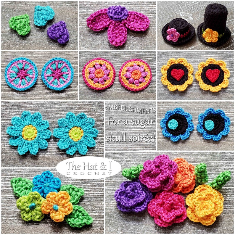 Crochet PATTERN Sugar Skull Soirée Day of the Dead skull pattern, colorful crochet skull ornament, skull applique pattern PDF Download image 7