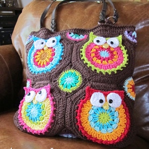 Crochet PATTERN Owl Tote'em crochet bag pattern, owl purse pattern, boho crochet tote bag pattern with colorful owls PDF Download image 3