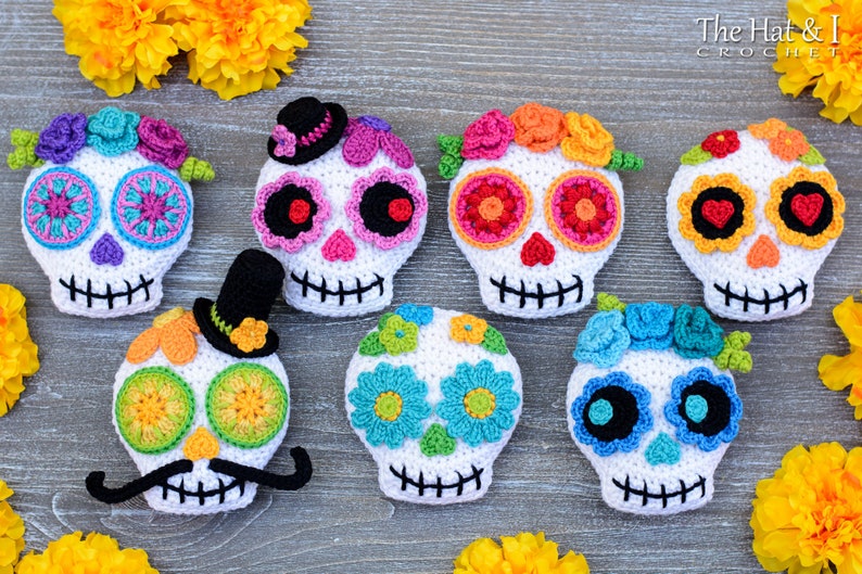 Crochet PATTERN Sugar Skull Soirée Day of the Dead skull pattern, colorful crochet skull ornament, skull applique pattern PDF Download image 6