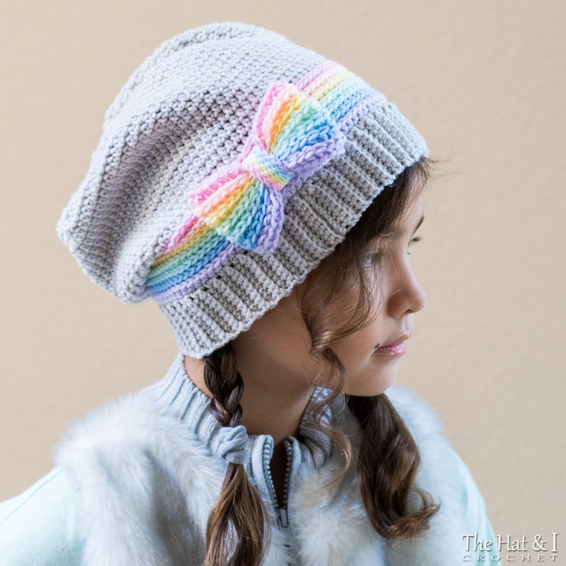 Crochet Hat PATTERN Rainbow Reflections Beanie crochet pattern for beanie slouch hat with bow 5 sizes Baby Adult PDF Download image 6