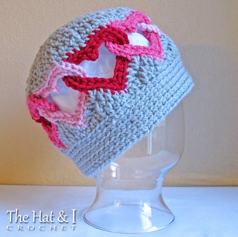 Crochet Hat PATTERN Be Mine crochet pattern for heart beanie hat, linked hearts beanie pattern 8 sizes Baby Adult PDF Download image 3