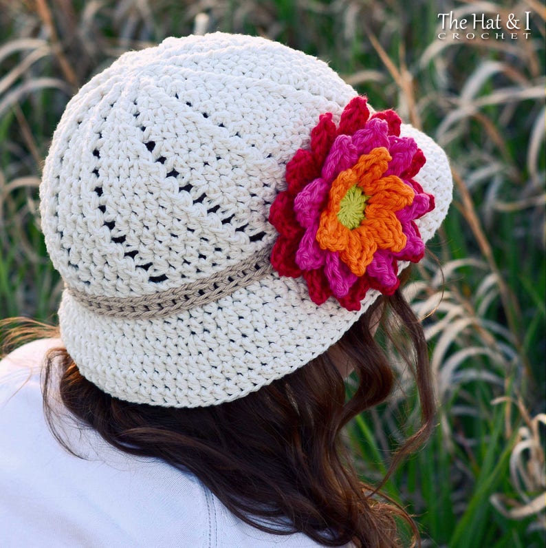 Crochet Hat PATTERN Summer Romance crochet pattern for sun hat flower, bucket hat pattern 5 sizes Baby Adult PDF Download image 6