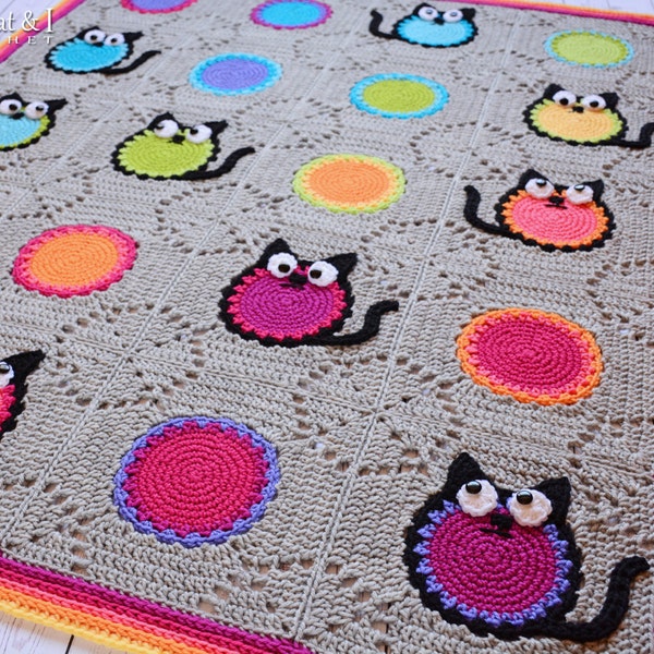 CROCHET PATTERN - Cat Lover - crochet blanket pattern w/ cats, cat afghan pattern, colorful crochet cat throw blanket pattern - PDF Download