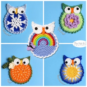 Crochet PATTERN - Owl Through the Year - 5 owls pattern pack, winter spring summer fall + rainbow owl pattern - PDF Download