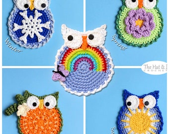 May include: Four crocheted owl ornaments representing the four seasons. The winter owl has a snowflake, the spring owl has a flower, the summer owl has a sun, and the fall owl has a leaf.