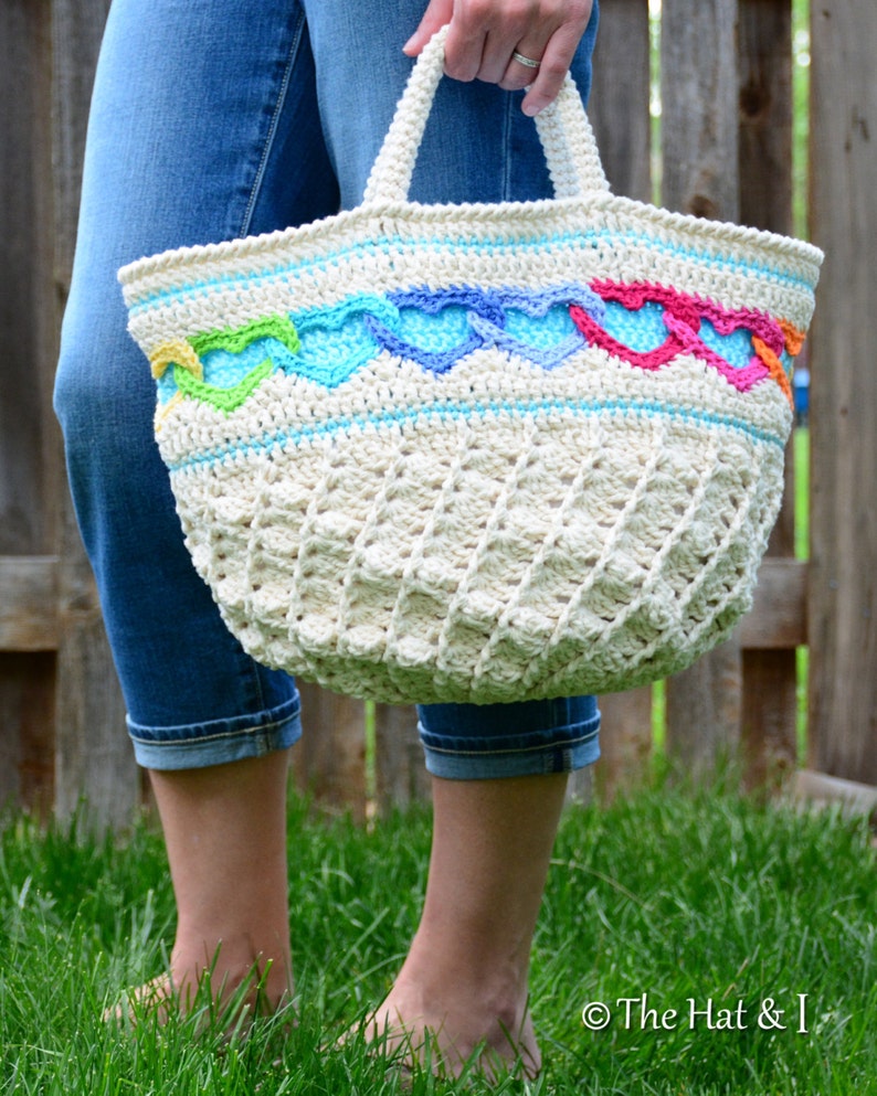 Crochet PATTERN Have a Heart Tote crochet bag pattern, heart tote pattern, colorful tote bag w/ linked hearts pattern PDF Download image 5