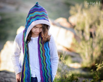 Crochet PATTERN - Waves for Days Hooded Scarf - crochet hood pattern + ripple scarf pattern (3 sizes | Toddler Child Adult) - PDF Download