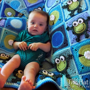 Crochet Blanket PATTERN - Frog Frenzy - crochet pattern for baby throw blanket, crochet afghan pattern, frog blanket pattern - PDF Download