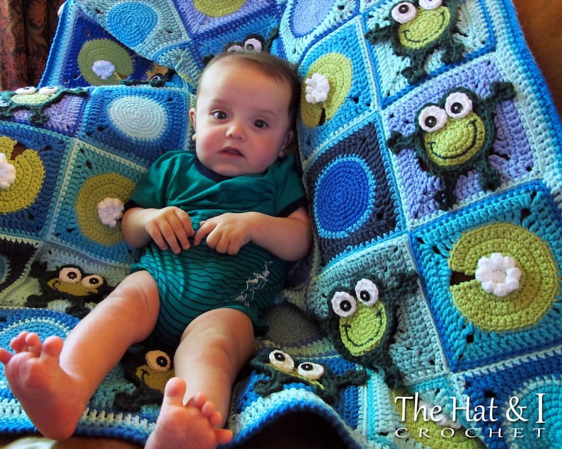 Crochet Blanket PATTERN Frog Frenzy crochet pattern for baby throw blanket, crochet afghan pattern, frog blanket pattern PDF Download image 1