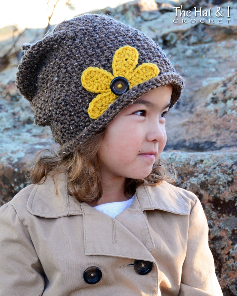 Crochet Hat PATTERN Pretty Petals Slouchy crochet pattern for slouchy beanie hat flower 3 sizes Toddler Child Adult PDF Download image 1