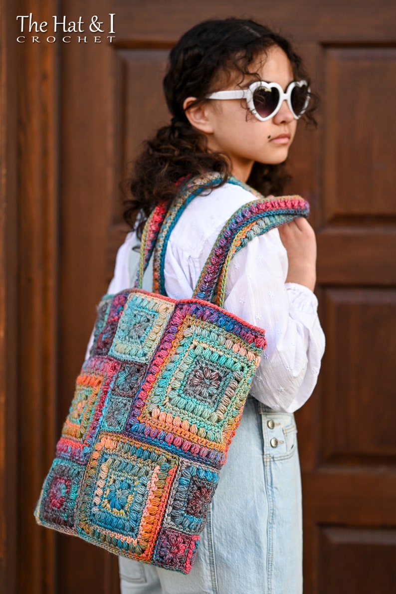 Crochet PATTERN Square Scramble Sack crochet tote bag pattern, boho granny square tote sack pattern, colorful crochet bag PDF Download image 3