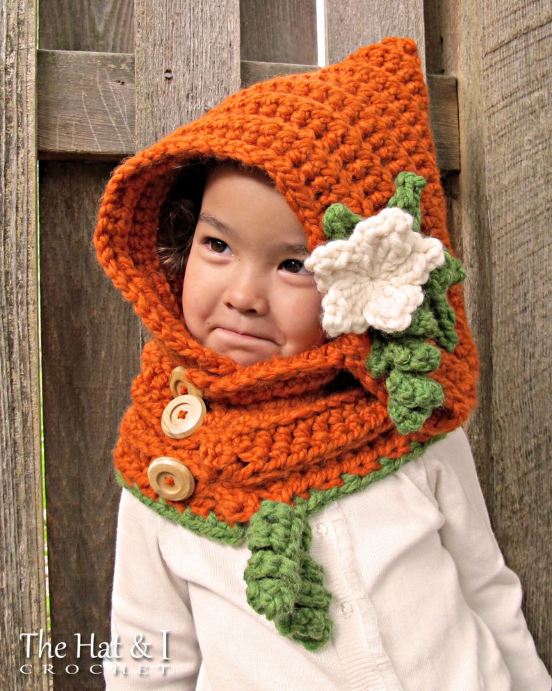 Crochet PATTERN Pumpkin Patch Hoodie crochet hood pattern hooded cowl pumpkin hat pattern 3 sizes Toddler Child Adult PDF Download image 1