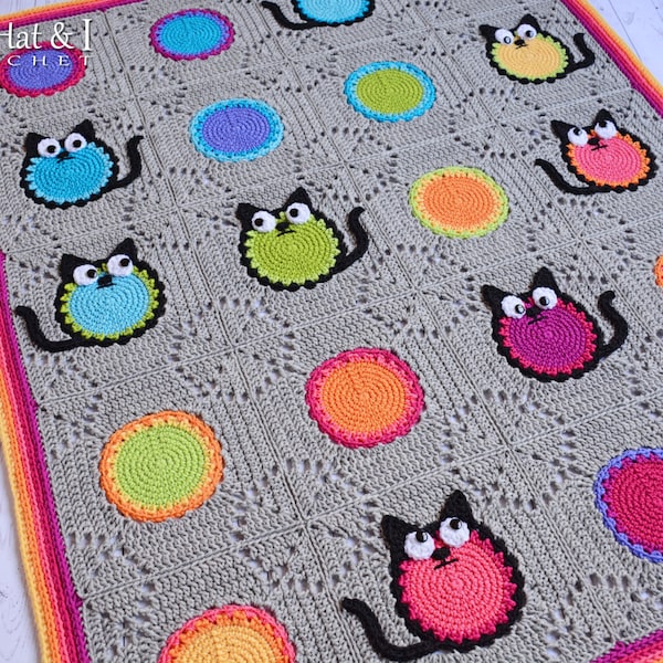 Crochet PATTERN - Cat Lover - crochet blanket pattern w/ cats, cat afghan pattern, colorful crochet cat throw blanket pattern - PDF Download