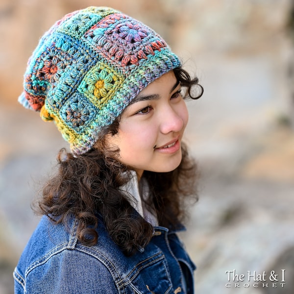 Crochet Hat PATTERN - Square Scramble Slouchy - crochet pattern slouch hat, boho Grandma square hat (3 tailles | Enfant Adulte XL) - PDF Download