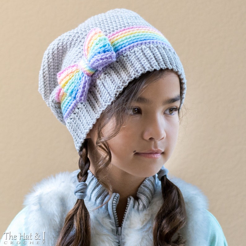 Crochet Hat PATTERN Rainbow Reflections Beanie crochet pattern for beanie slouch hat with bow 5 sizes Baby Adult PDF Download image 5
