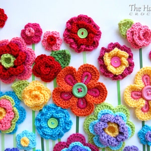Crochet PATTERN - Floral Fantasy - 5 crochet flower patterns + 2 leaf patterns = 7 pretty patterns for colorful appliques - PDF Download