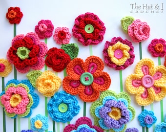 Crochet PATTERN - Floral Fantasy - 5 crochet flower patterns + 2 leaf patterns = 7 pretty patterns for colorful appliques - PDF Download