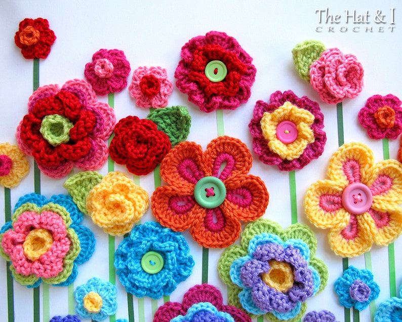 Crochet PATTERN Floral Fantasy 5 crochet flower patterns 2 leaf patterns 7 pretty patterns for colorful appliques PDF Download image 1